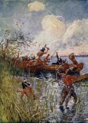 Iroquois attaquant le missionnaire français Isaac Jogues et des convertis chrétiens, 1642